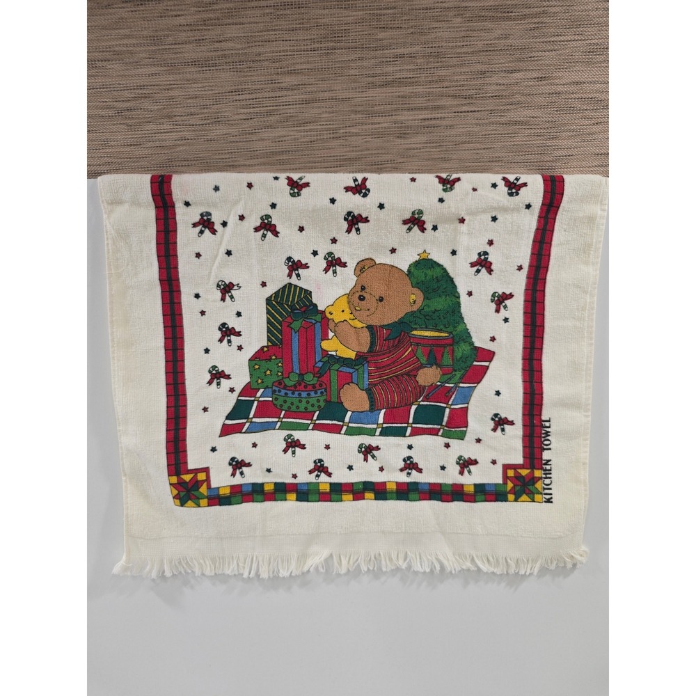 Cottagecore Christmas Kitchen Towel Teddy Bear Fringed 90s Vintage White Multi